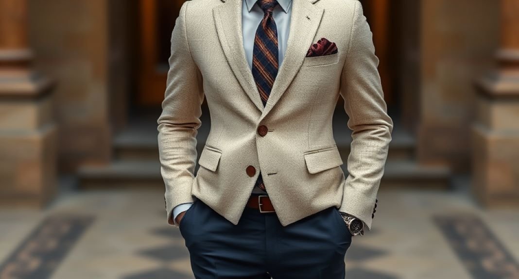 A Cream Jacket with navy trousers